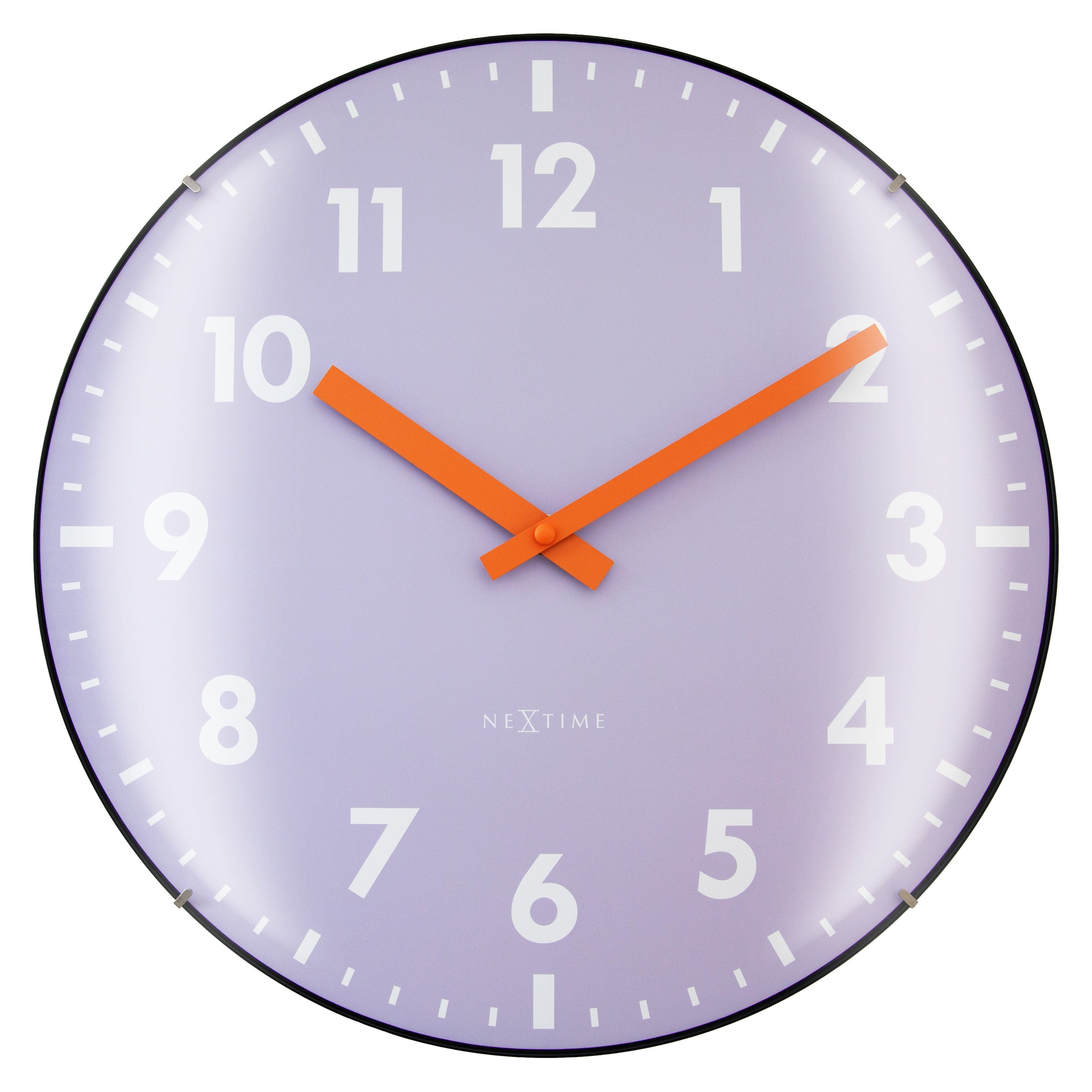NeXtime Domed Glass Wall Clock 35cm with silent movement and sleek design, featuring a clear face and modern style.